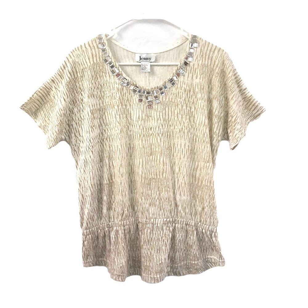 Jenny Woman's Blouse Size MED Pullover Beaded Round Neck Gathered Waist Casual